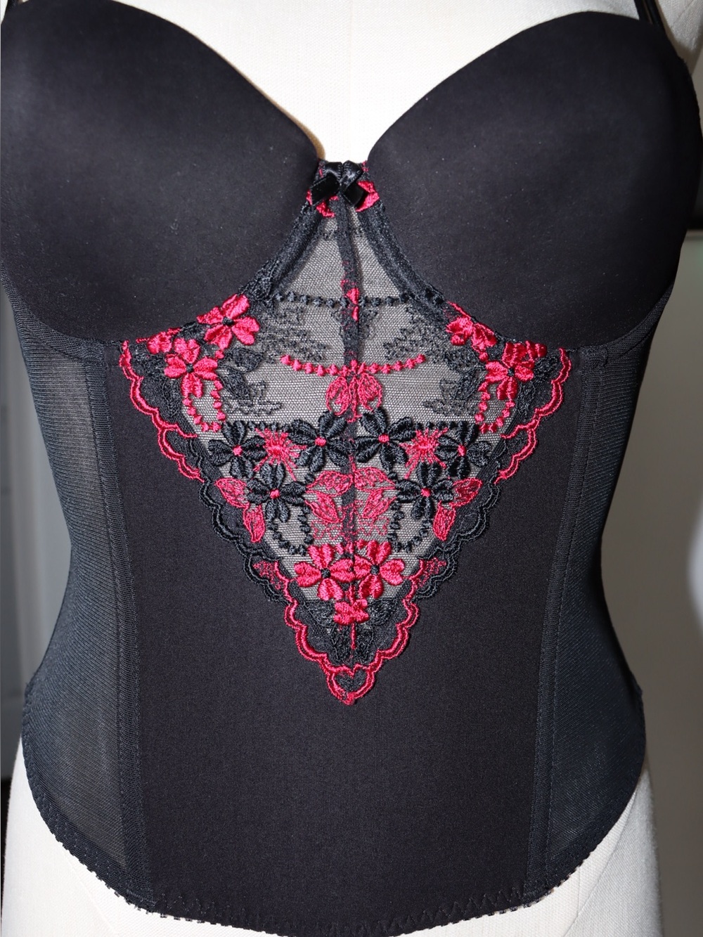 Secret Treasures Black Bustier with Red Floral Embroidery